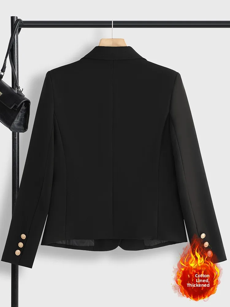 Black Thickened Winter Coat Women's Slim Fit Cotton Jacket High-End Feelings Commute Style Long Sleeve Single Button Closure