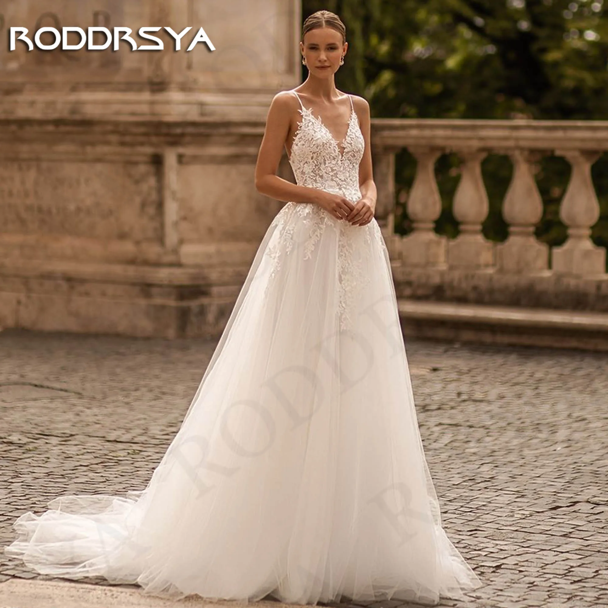 RODDRSYA Princesa V Neck Tule Vestidos De Casamento Para A Mulher 2024 Noiva A Linha Tulle Backless Appliques Vestido De Noiva Vestidos de noiva de