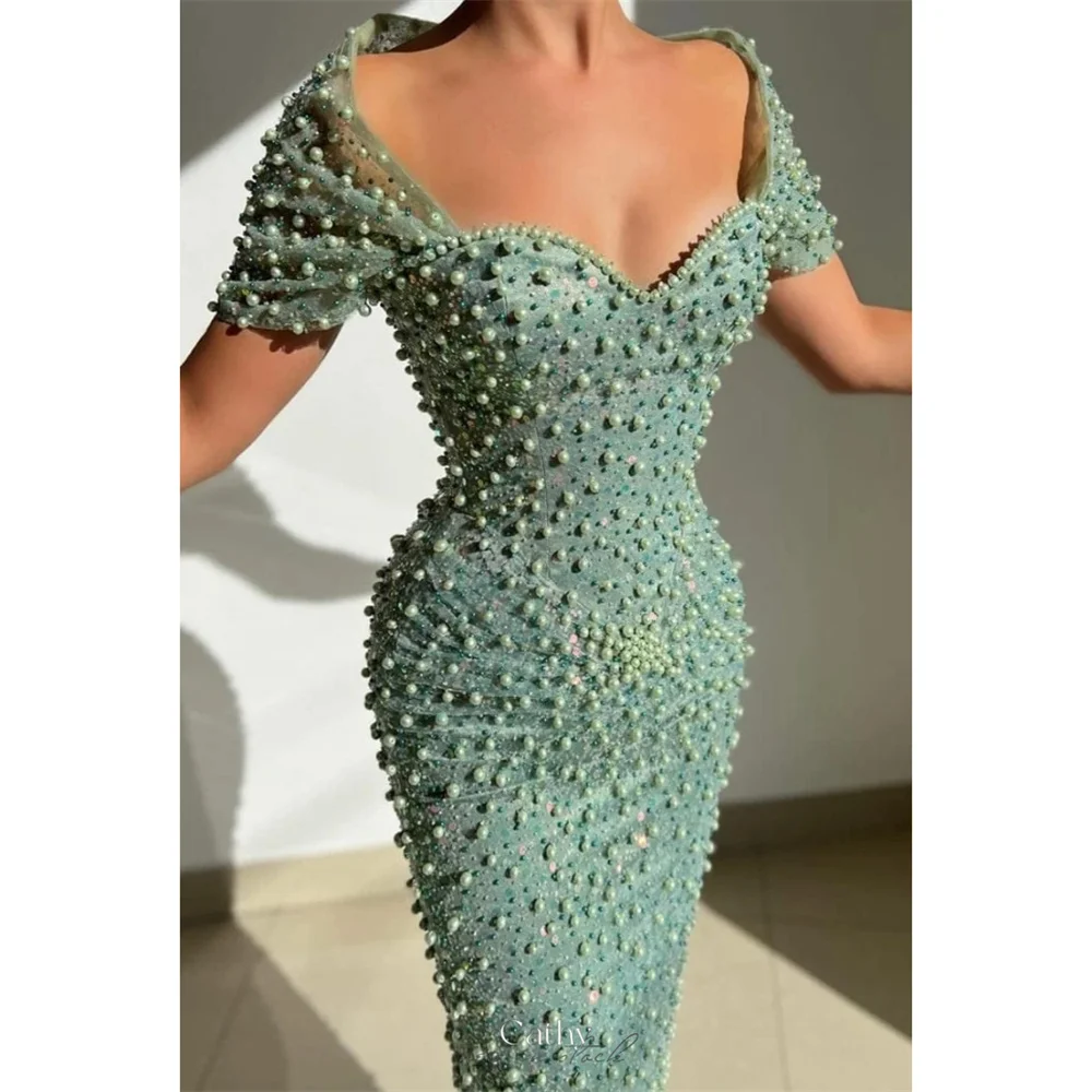 Vestido de novia de lujo con hombros descubiertos, traje elegante de sirena con cuentas verdes, sin mangas, para fiesta