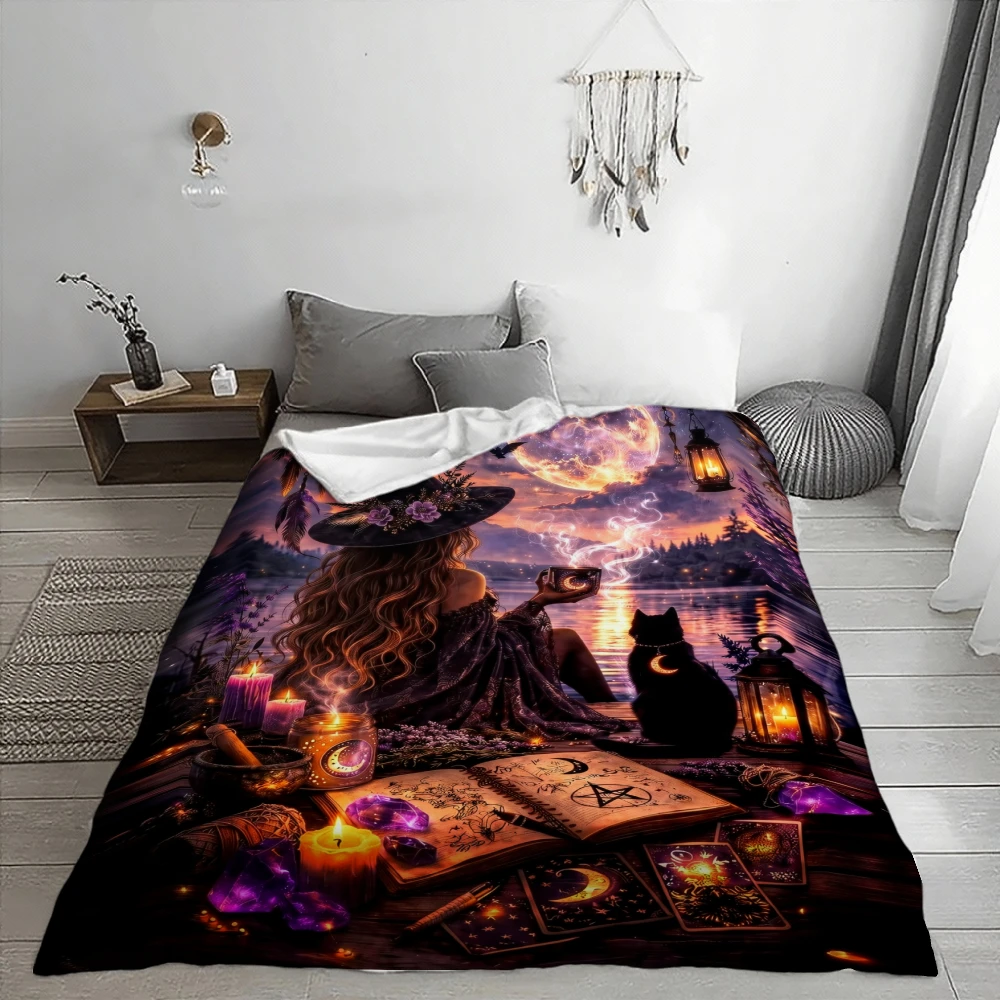 Witchy Moonlight Magic Blanket - Soft Cozy Flannel Suitable for Mysticism Lovers, Black Cat & Spellbook Design, - Bedspread or C