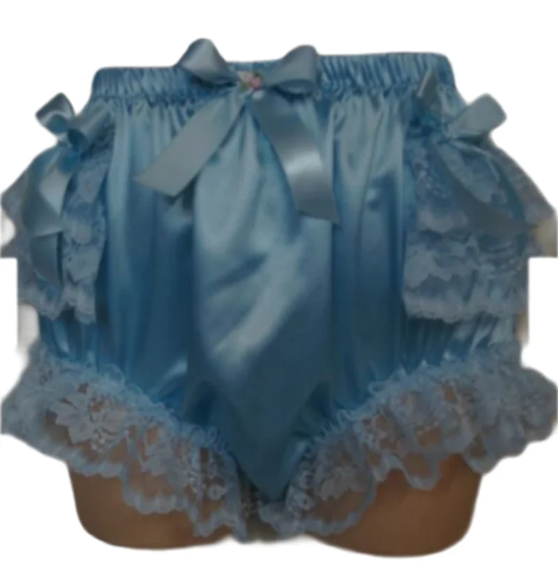 

Hot Selling New Sky Blue Satin Triangular Shorts for Fetishistic Adults with Lace Embellishments and Bows for Customization