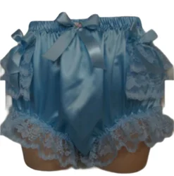 Hot Selling New Sky Blue Satin Triangular Shorts for Fetishistic Adults with Lace Embellishments and Bows for Customization