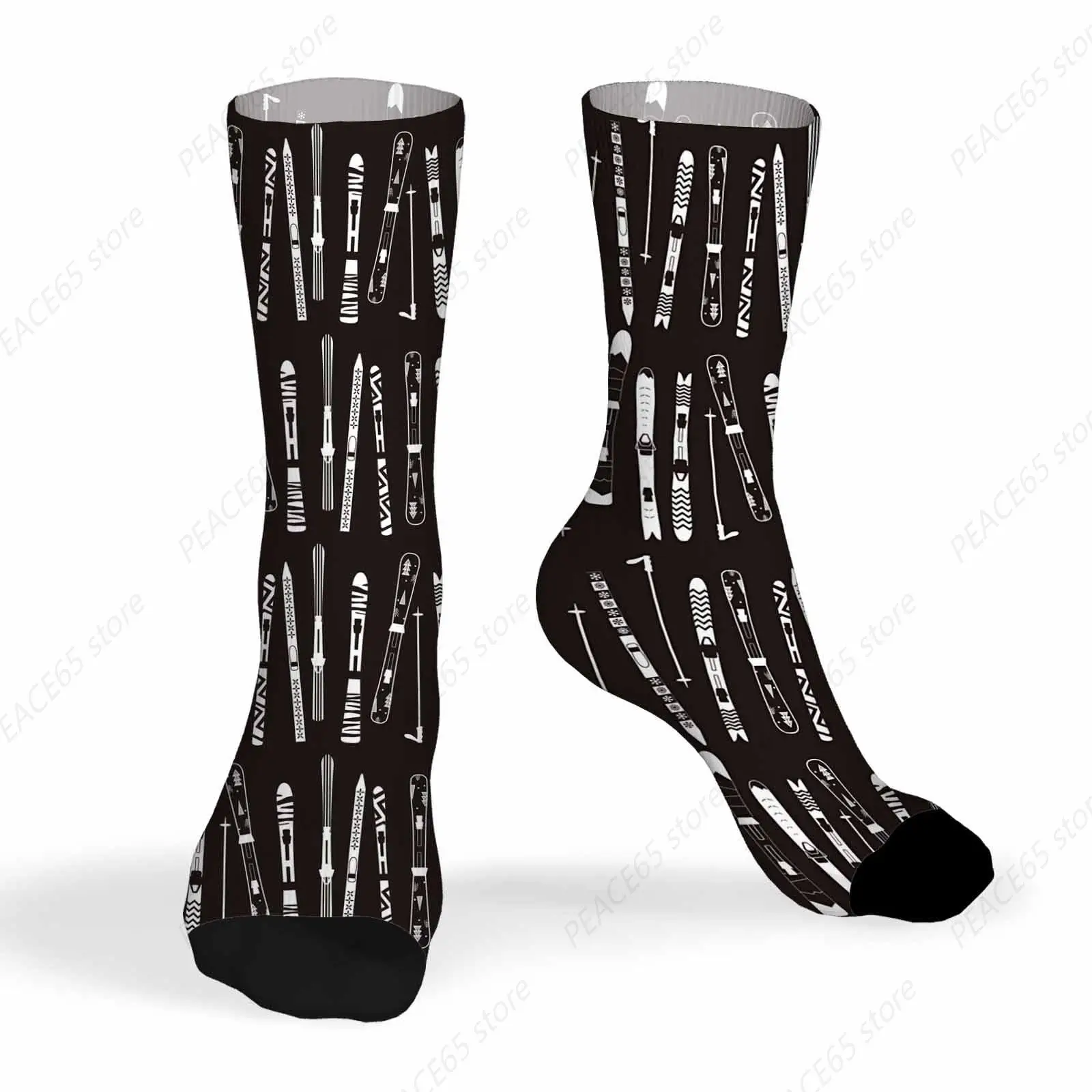 Mens Socks Ski Set Funny Novelty Crazy Crew Socks Black and White Retro Ski Winter Sport Socks for Women Gifts Dress Socks