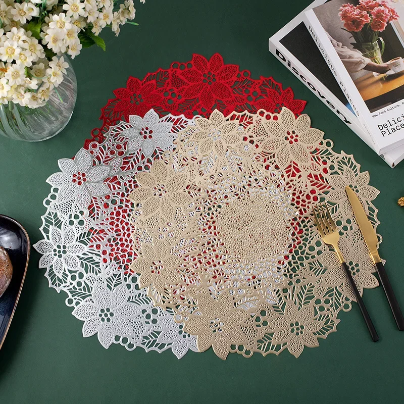 Solid Color Hollow Flower Pvc Placemat Waterproof Heat-Insulating Garland Cup Coasters 6Pcs Soft Restaurant Hotel Tableware Mats 3