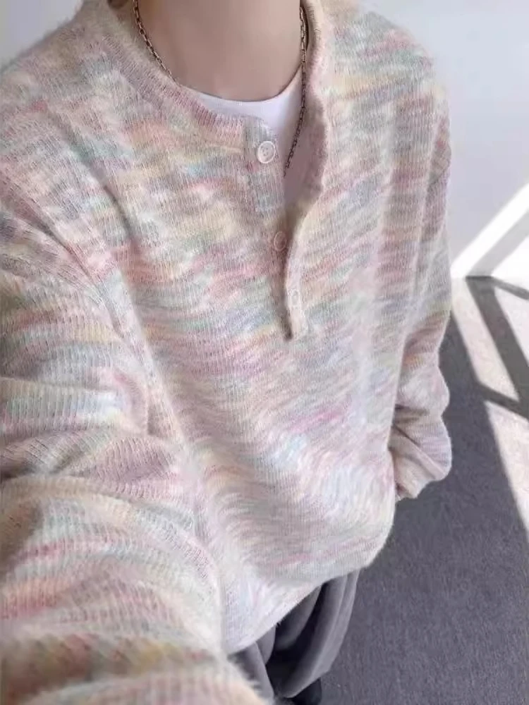 

Мужской осенне-зимний винтажный свитер на пуговицах с принтом тай-дай, свободный вязаный пуловер большого размера, мягкий пастельный градиентный базовый слой, трикотаж