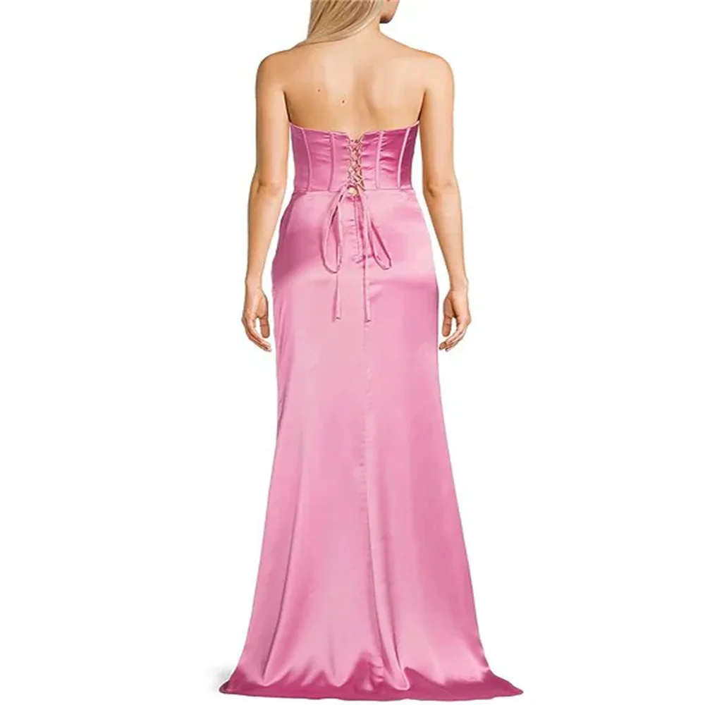 New Product Strapless Sweetheart Neckline Satin Evening Dress Elegant Open Lace Up Back Side Slit Floor Length Sweep Train Gown