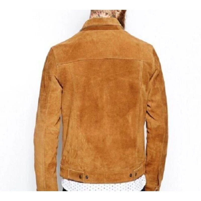 Men's 100% Authentic Suede Leather Jacket Biker Tan Button Fashion Designer Coat