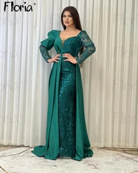 Dubai Plus Size Muslim Evening Dress Emerald Green Long Sleeve Celebrity Dresses With Overskirt Custom Made For Wedding Party