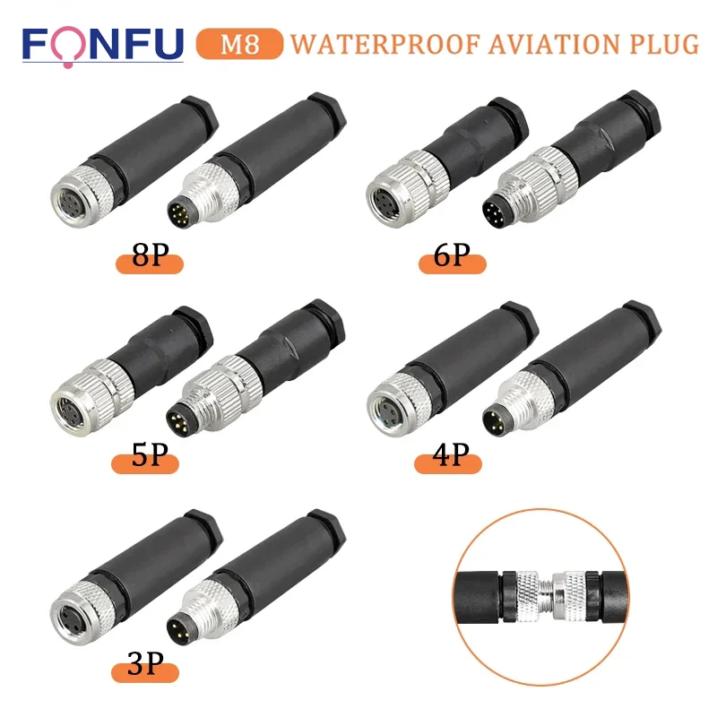 5/10PCS M8 3/4/5/6/8Pins Sensor Connector Non-Welding Waterproof  IP68 Straight Male&Female Plug Screw Threaded Coupling 3 4 Pin