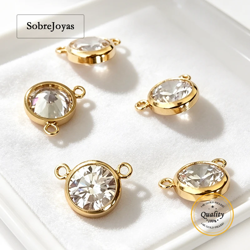 14K Gold Filled Birthstone Drop Charm 3A CZ Connector with Bezel Set 6MM 2 Ring Pendant DIY Jewelry Findings Accessory
