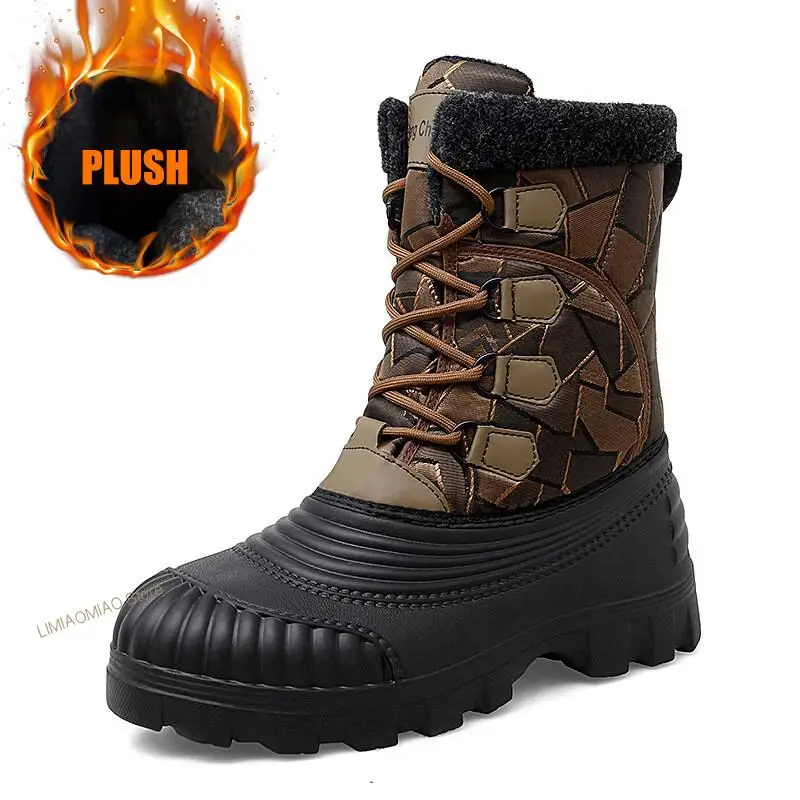 New Men Winter Boots Plush Fleece Durable Non-Slip Lace-Up Thick Sole Male Shoes Outdoor Warm Luxury Ankle Boots