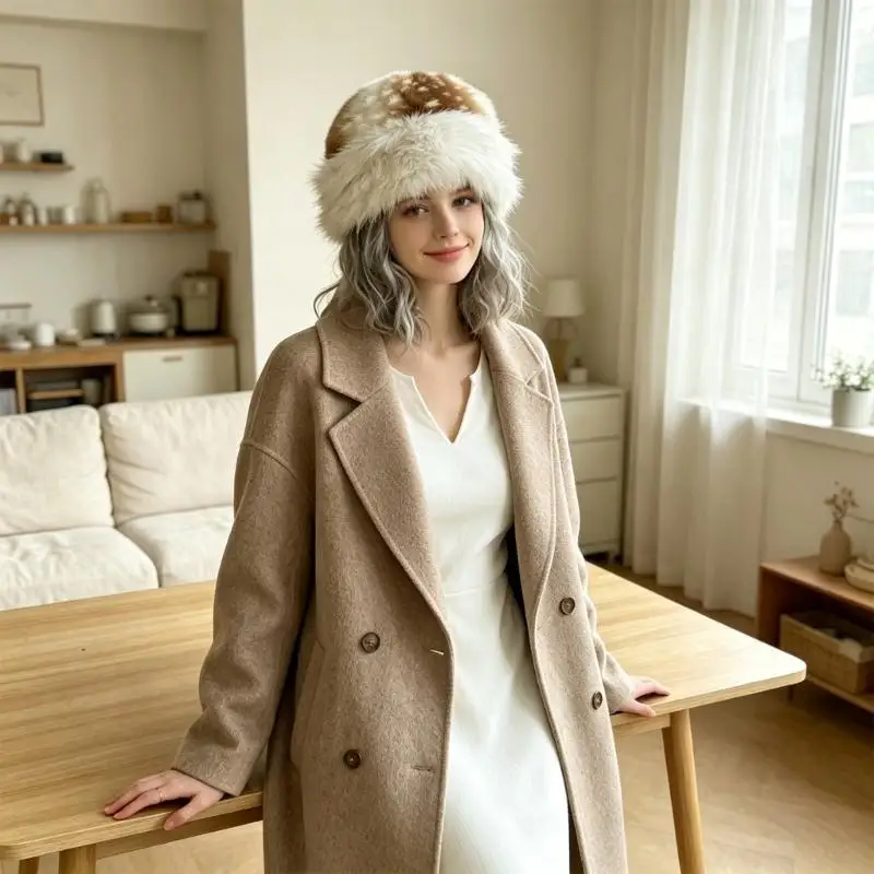 A52E Ear-Covering Fisherman Hat with Plush Fabric, Thickened Structure, Round Skull, and Spotted Print for Winter Travel