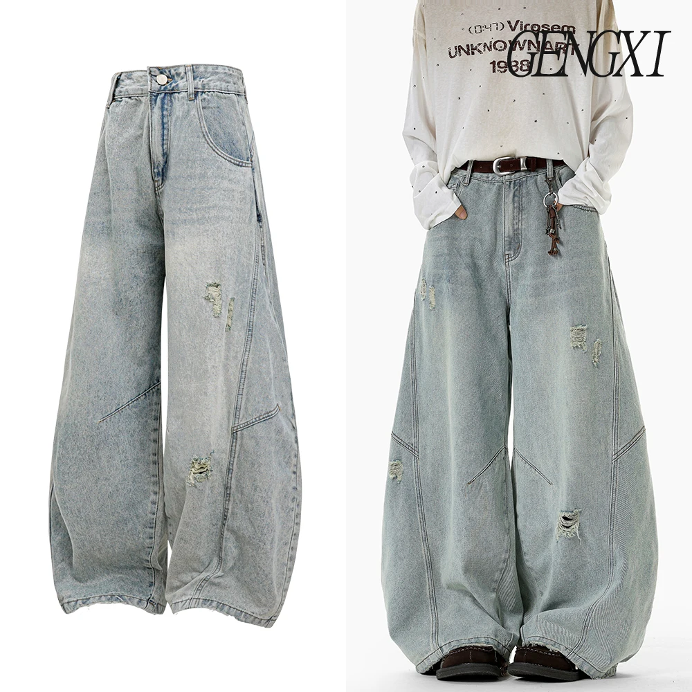 

Джинсовые брюки большого размера в стиле панк-шик с изогнутыми штанинами в американском стиле, деконструированная рваная уличная одежда, повседневные длинные брюки