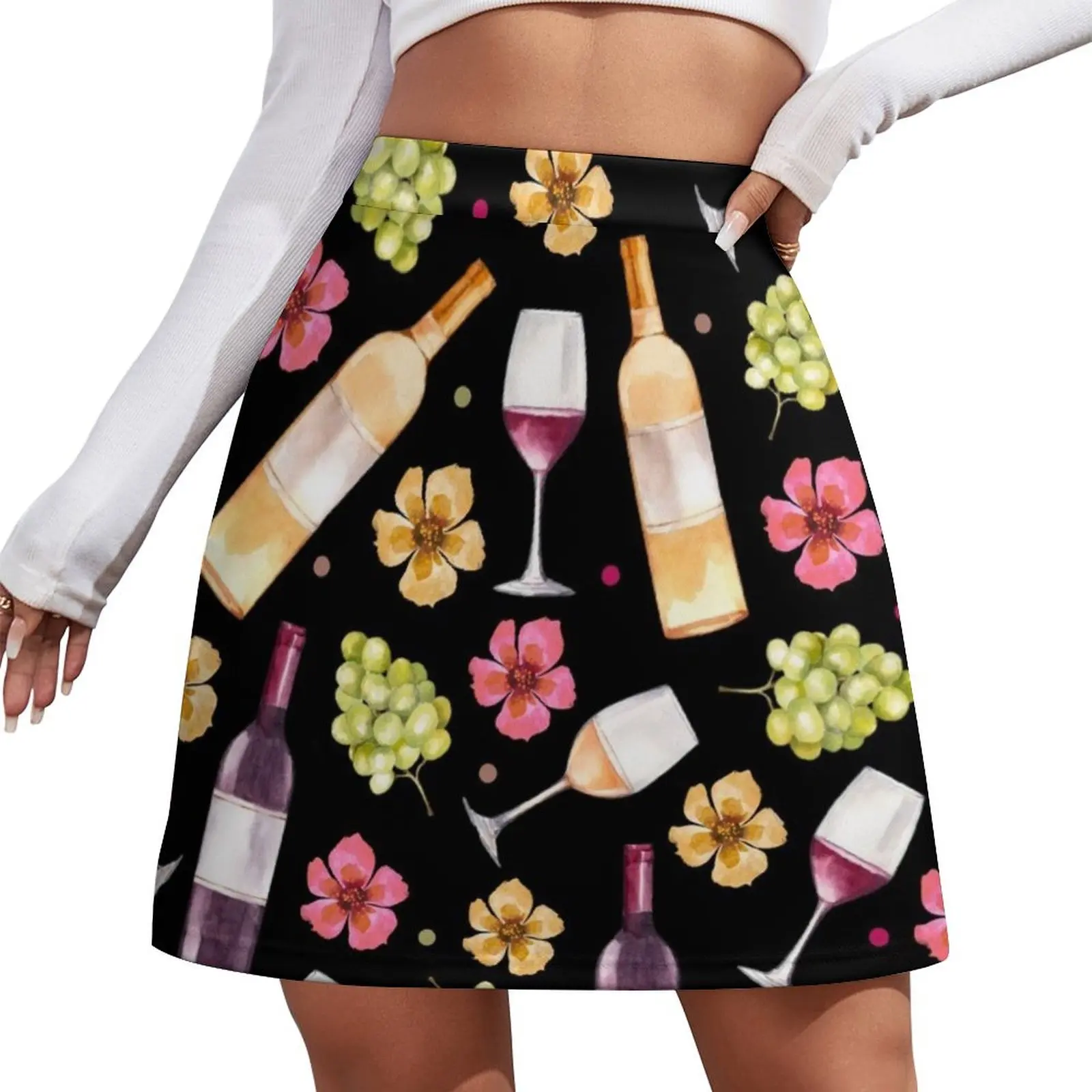 Red and White Wine Bottles Grapes and Watercolor Flowers on Black Mini Skirt Woman skirt Summer skirt shorts Mini