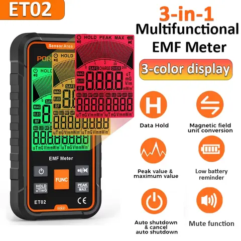 3 in 1 전자기 방사선 검출기 테스터 ET02 휴대용 디지털 EMF 미터 고주파 자기 전기 RF EMF 미터
