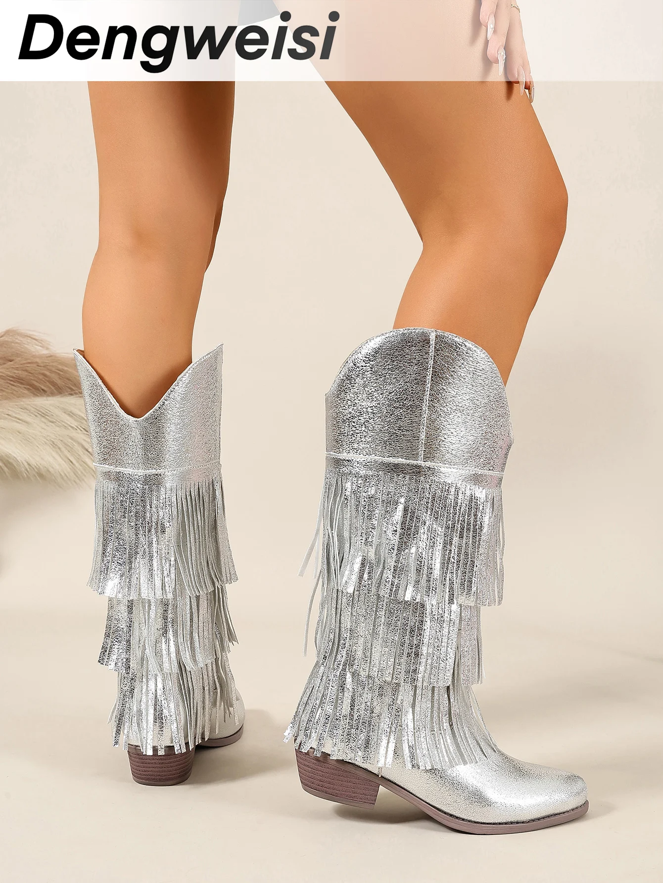 Silberglänzende, mehrlagige Quasten-Westernstiefel mit klobigen Absätzen und runden Zehen, geeignet für Bühnenauftritte und Party-Atmosphäre, stilvolle mittelhohe Stiefel, die bis zum Knie reichen. – Detail 3