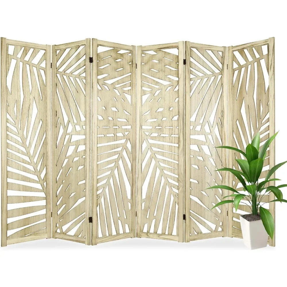 

6 Panel Palm Leaf Cutout Design Room Divider Screen,Freestanding Partition Room Dividers,Retro Leaf Pattern, Natural