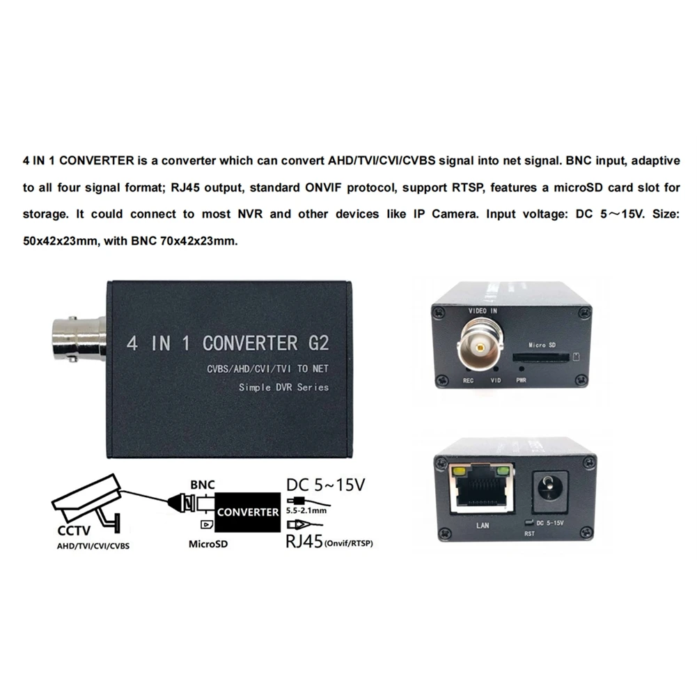 

CJSD-CVBS/1080P AHD/TVI/CVI/ To Net Converter BNC Input RJ45 Output H.265 RTSP Single-Channel Video Recoder For CCTV Security