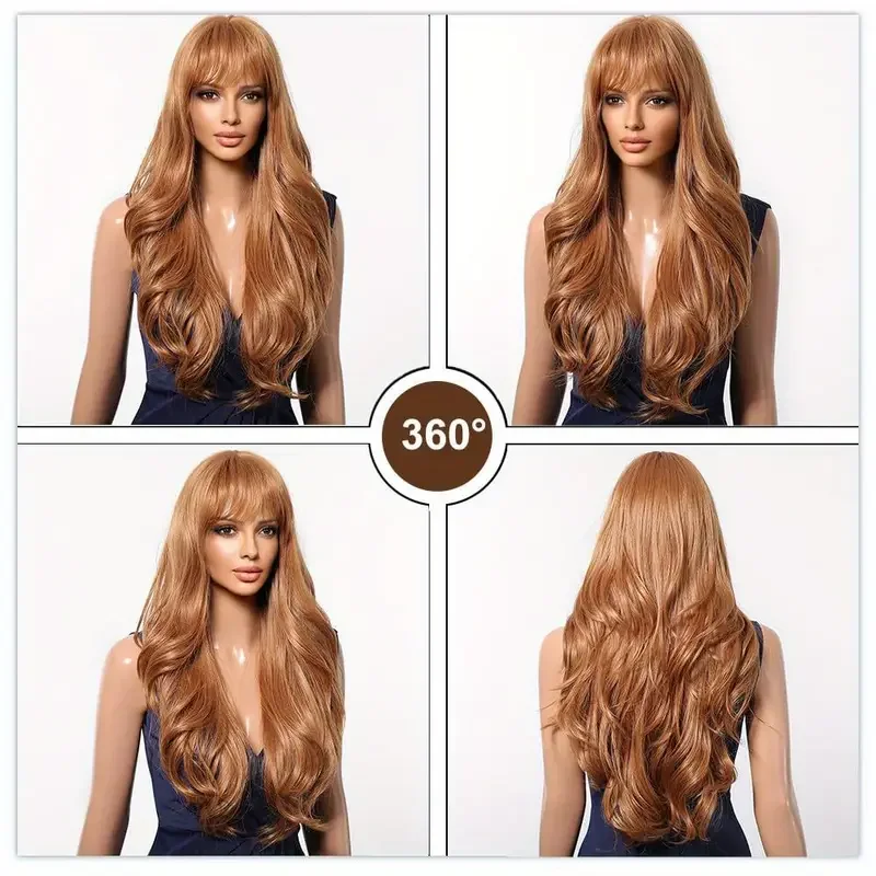 LOUIS FERRE Parrucche lunghe ricce allo zenzero arancione con frangia Parrucca sintetica a onde naturali per le donne Capelli finti per feste cosplay resistenti al calore