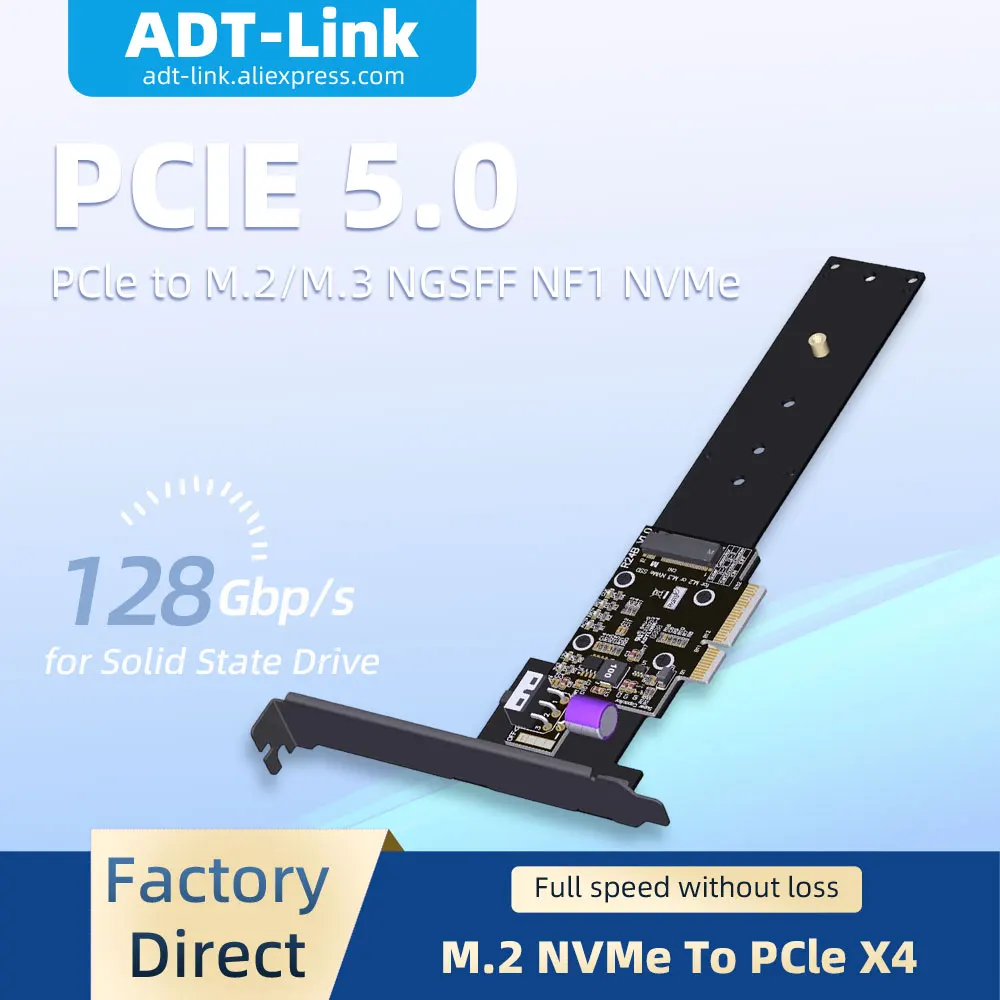 ADT-Link R24B PCIe 5.0 x4 to M.2 Nvme /M.3 NGSFF NF1 NVMe Adapter Card Holder Supports Gen5 for Solid State Drive SSD Card