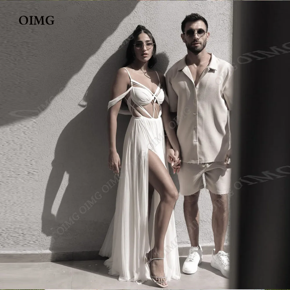 OIMG eleganti semplici abiti da sposa con spalle scoperte lunghe spacco laterale in Chiffon abiti da sposa da sposa una linea Vestidos De Novia