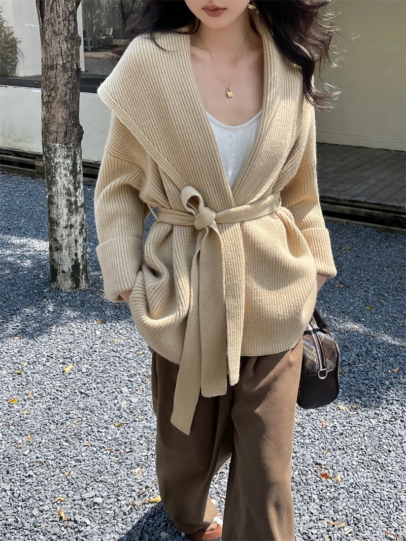 

Russian solid color long sleeved large lapel tie loose slimming temperament short top knitted sweater jacket cardigan