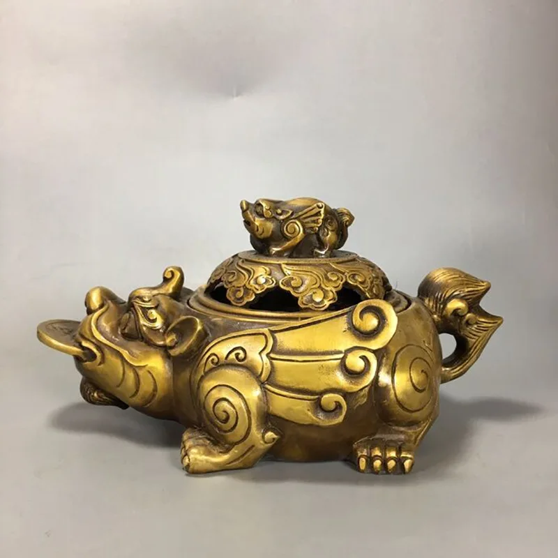 with golden toad, home living room decoration antique collectible brass incense burner