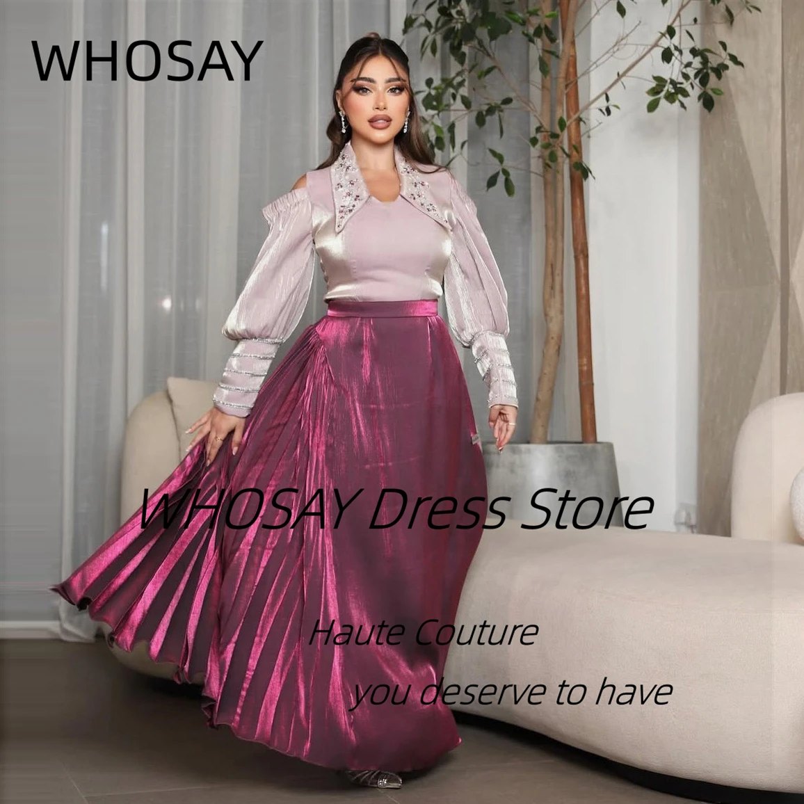 

WHOSAY платья для выпускного вечера 2025 с вырезом с лацканами и бисером Vestido De Gala Noche Mujer вечернее платье с длинными рукавами по индивидуальному заказу