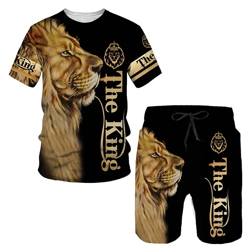 

Summer Men's Suit Funny Lion Print Short Sleeve T-Shirt +Shorts 2 Piece Fashion Running Sports Sets Summer Casual Loose Clothing
