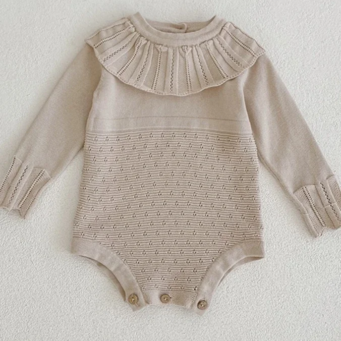 Girls Onesies 2026 Spring And Autumn New Childrens Clothes Girl Baby Lotus Collar Embroidered Knitted Onesies Are Casual Simple