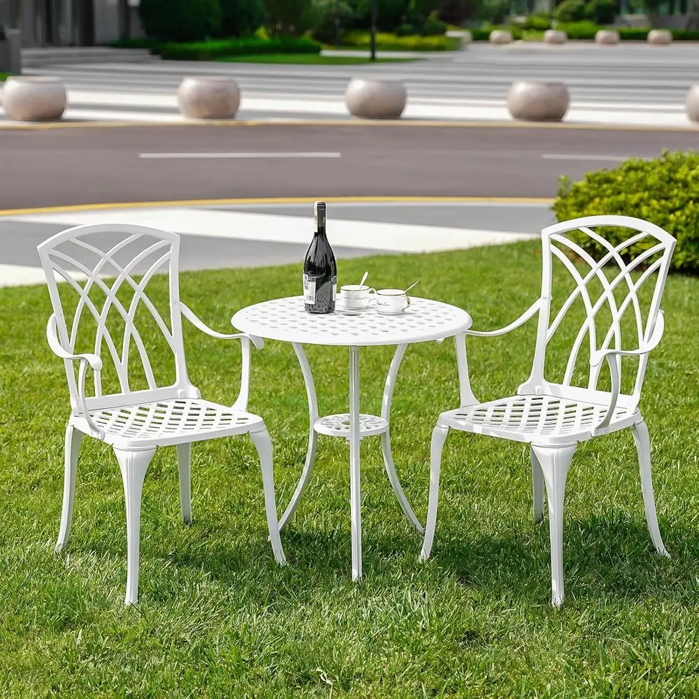 

3-Piece Outdoor Bistro Set with Umbrella Hole, White Cast Aluminum Patio Furniture Set for 2, Suitable for Park, Yard, or Front