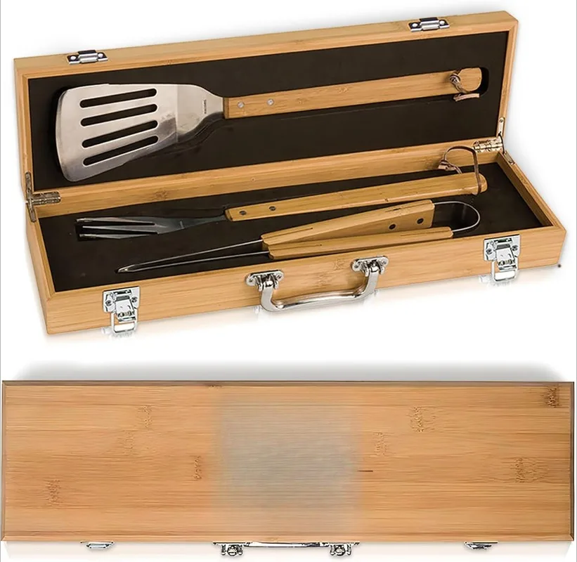 

The Flame Personalized BBQ Tool Set 3 Utensils + Bamboo Box - BBQ Grilling Accessories Grill Gifts for Him, Men, Dad, Husb