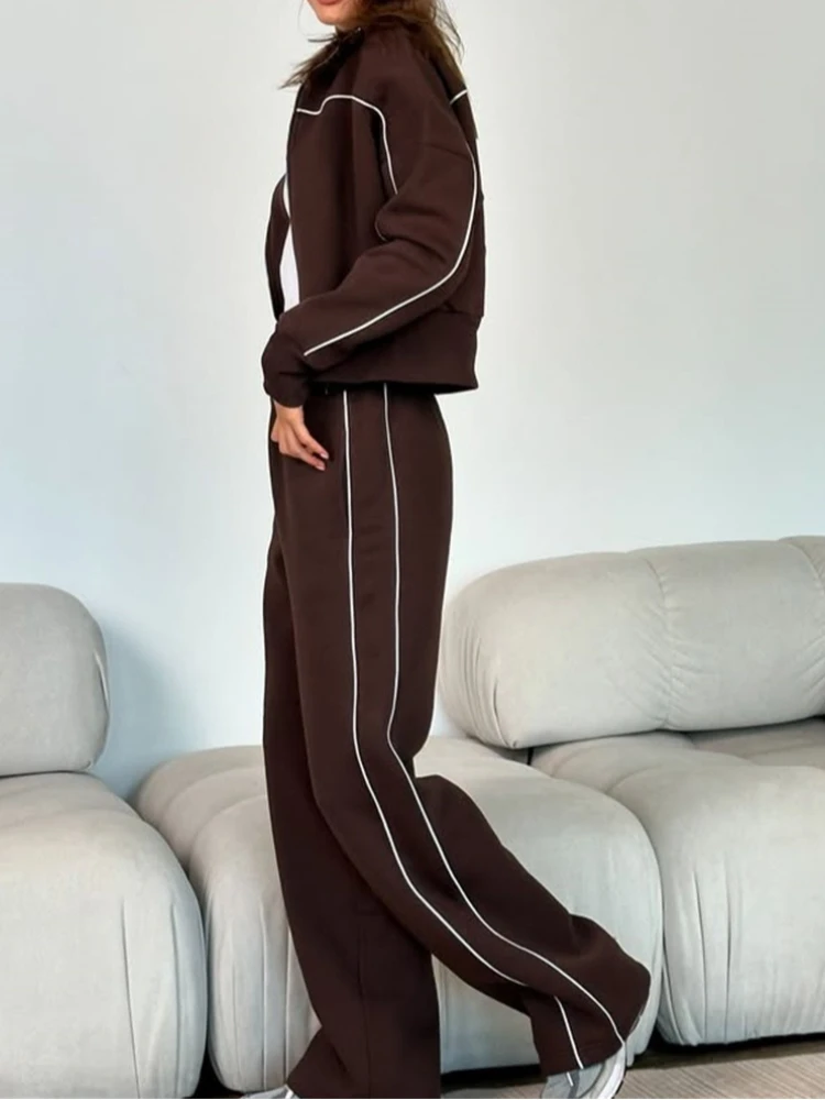 Tuta sportiva primavera autunno per donna Felpa a maniche lunghe con cerniera tinta unita ampia Cappotto Pantaloni con lacci a vita alta Set da 2 pezzi