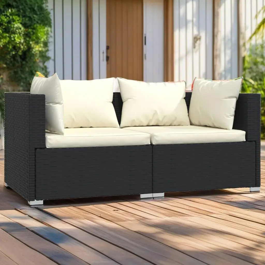 3-Piece Black Poly Rattan Patio Lounge Set with Cushions Outdoor Furniture