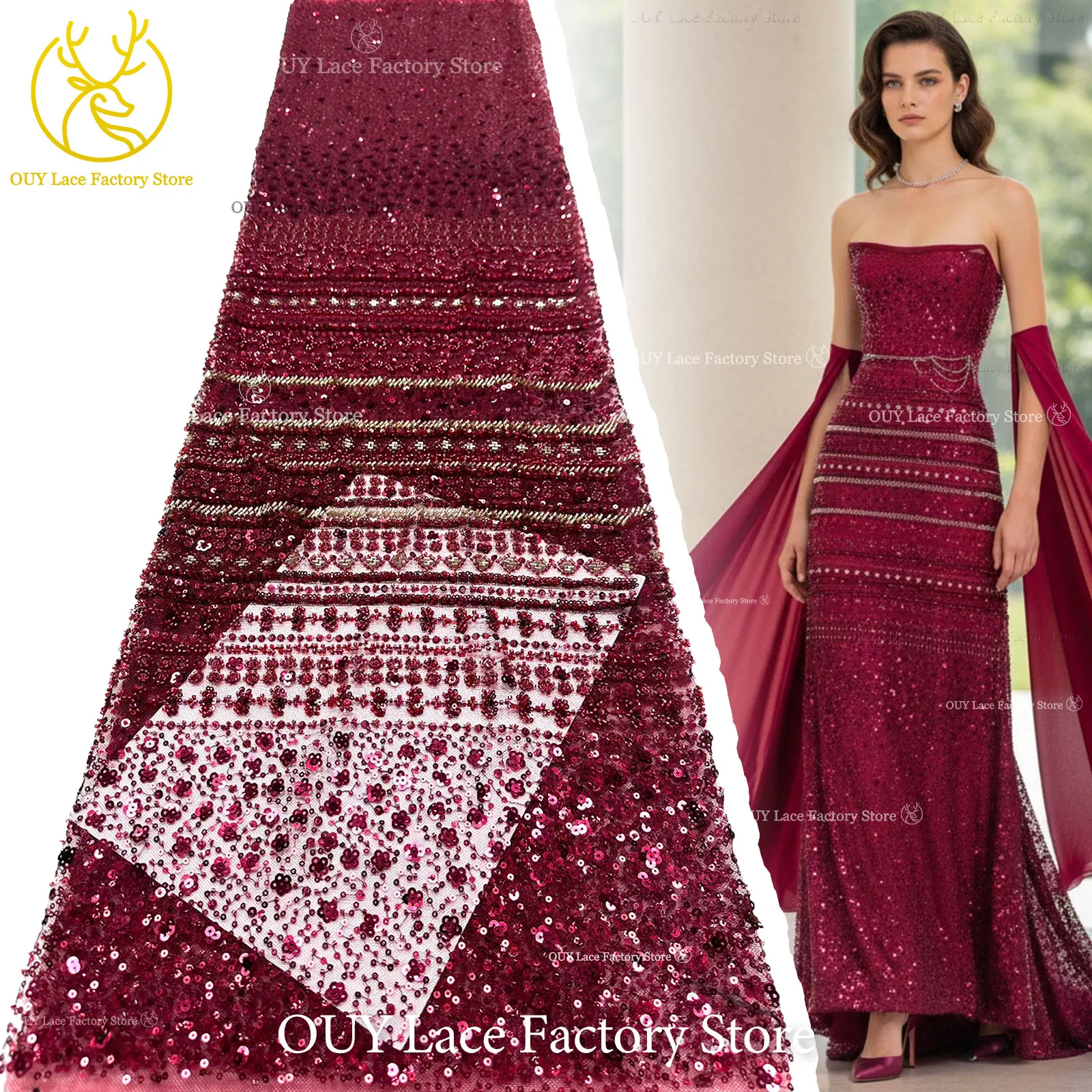 Tela de encaje con cuentas de alta gama color burdeos, tela de encaje de tul con lentejuelas de lujo para decoración del hogar, vestido de boda para fiesta de Navidad