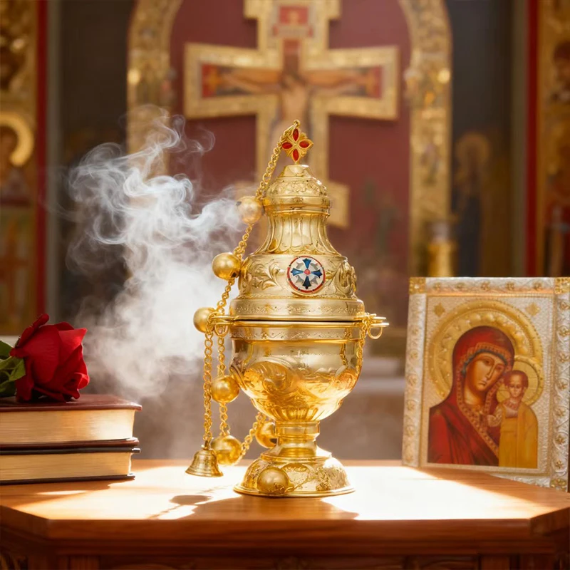 Neuer orthodoxer Weihrauchbrenner mit Kette und Glocken aus vergoldeter Zinklegierung, für Kirchenzeremonien, mit traditionellem Design, Geschenk. – Detail 10