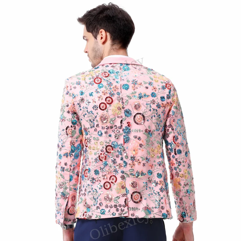 Olibexley – costume 2 pièces pour hommes, veste rose à paillettes, un bouton, coupe cintrée, adaptée aux mariages, marié, dîner d'affaires, fêtes