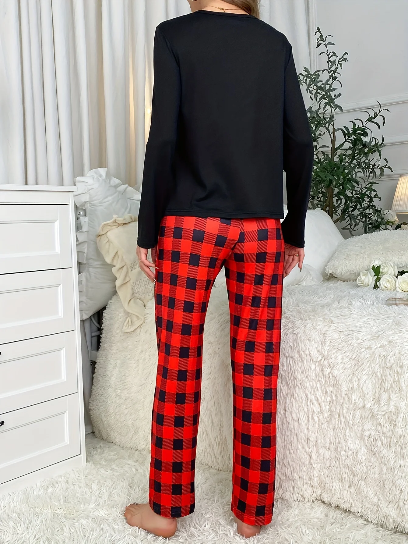 New style pyjamas two sets black top long sleeve red striped trousers casual home wear