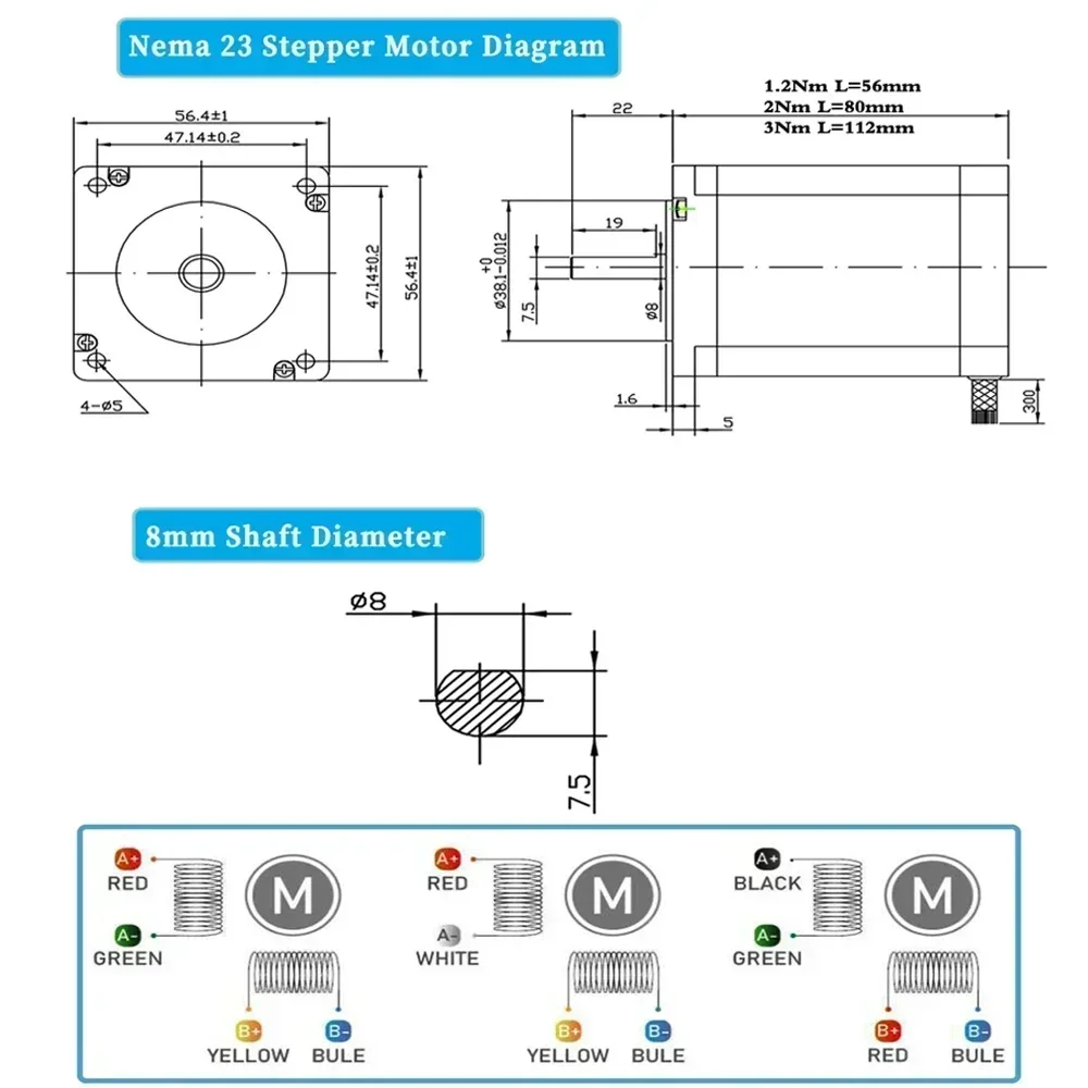 Moteur pas à pas NEMA23 57 mm 1,2-3 Nm couple élevé, kit de pilote biphasé 3A pour imprimante/graveur CNC/graveur 3D - Arbre de 8 mm certifié CE