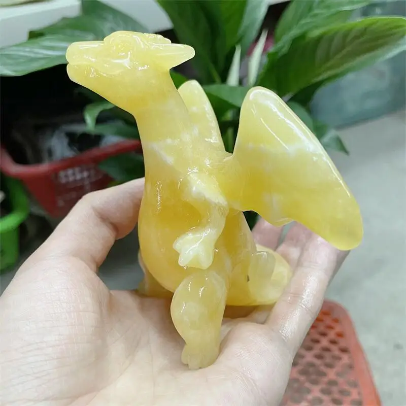 Natural 10cm  Yellow Calcite Cartoon Dragon Carved Crystals and Stones Healing Polished Mineral Ornaments Home Decoration 1pcs