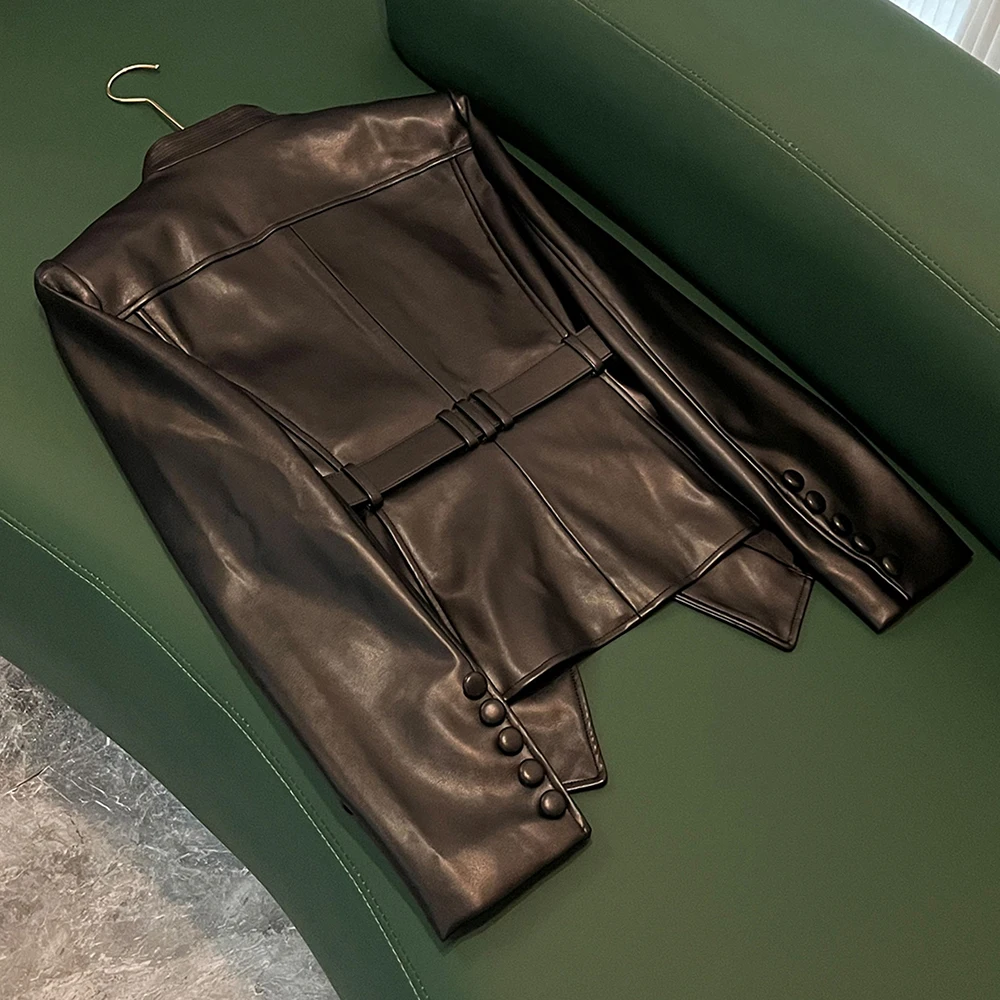 TWOTWINSTYLE Solid Slimming Leather Jackets For Women V Neck Long Sleeve Spliced Belt Casual Jacket Female Fashion New KJA545492