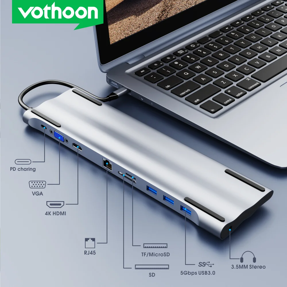 

USB-хаб Vothoon 12 в 1, USB Type C, 3,0 в Gigabit Ethernet, 100 Вт
