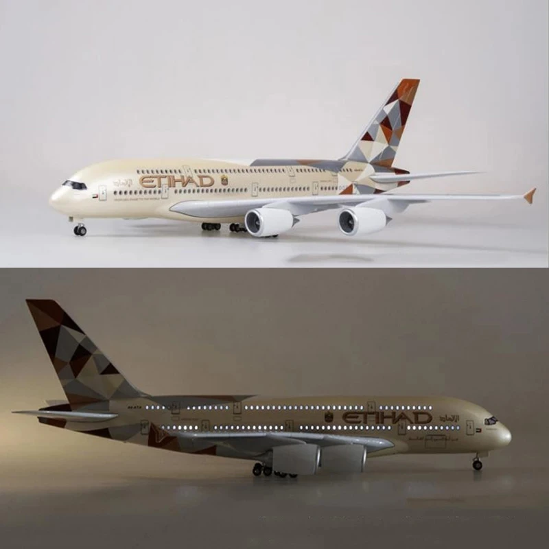 1/160 Scale 50.5CM Airline A380 ETIHAD Airplane Model W Light and Wheel Diecast Plastic Resin Plane For Collection