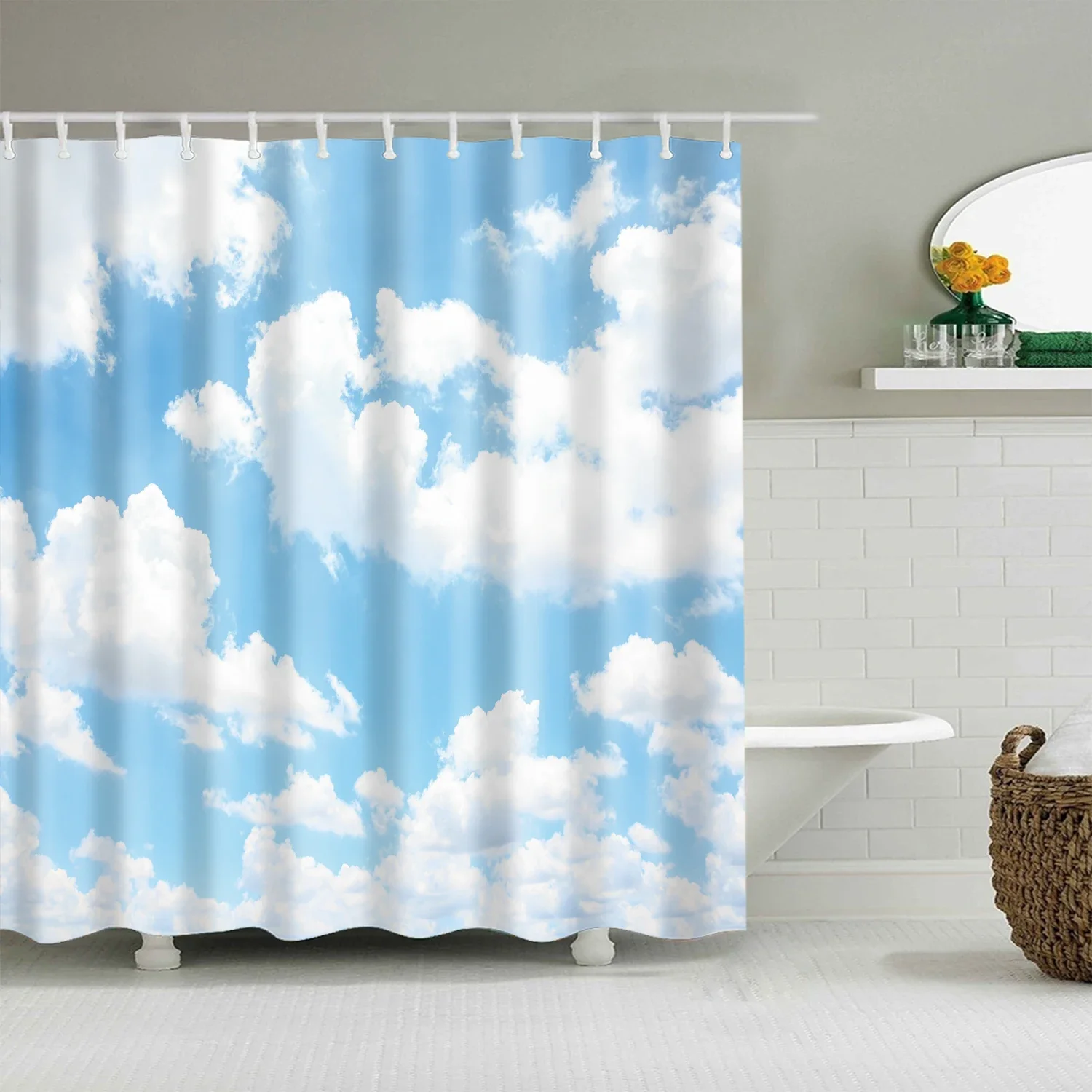 Cortinas de ducha de baño con estampado de caracola, estrella de mar azul, playa, letras en inglés, pantalla de baño, cortina de puerta con ganchos