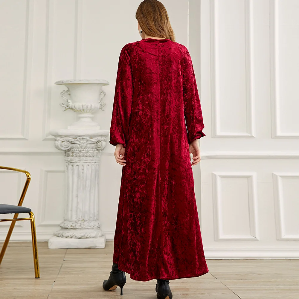 Vestido modesto de invierno abaya dubai de lujo Falda larga de terciopelo rojo oscuro ropa islámica sólida bata árabe invierno uae abayas BA717