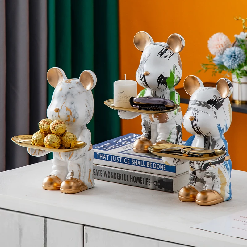 Butler Statue Bear with Tray Key Holder Animal Resin Sculpture Room Decor Ornament Bear Figurine Craft Table Decoration  Art