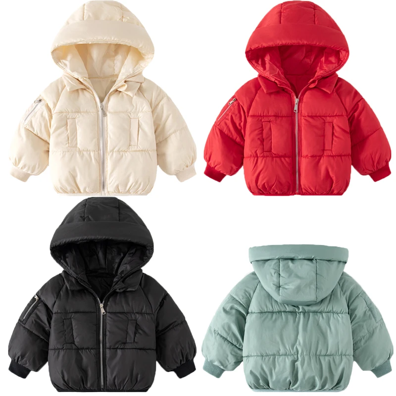 2 3 4 5 6 Years Boys Jacket Autumn Winter Solid Color Thick Warm Hooded Zipper Coat For Girls Cotton Down Leisure Outerwear