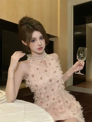 Sequined Party Dresses Sweet Pure Design Wind Sexy Mini Dress Three Dimensional Flowers Vestidos