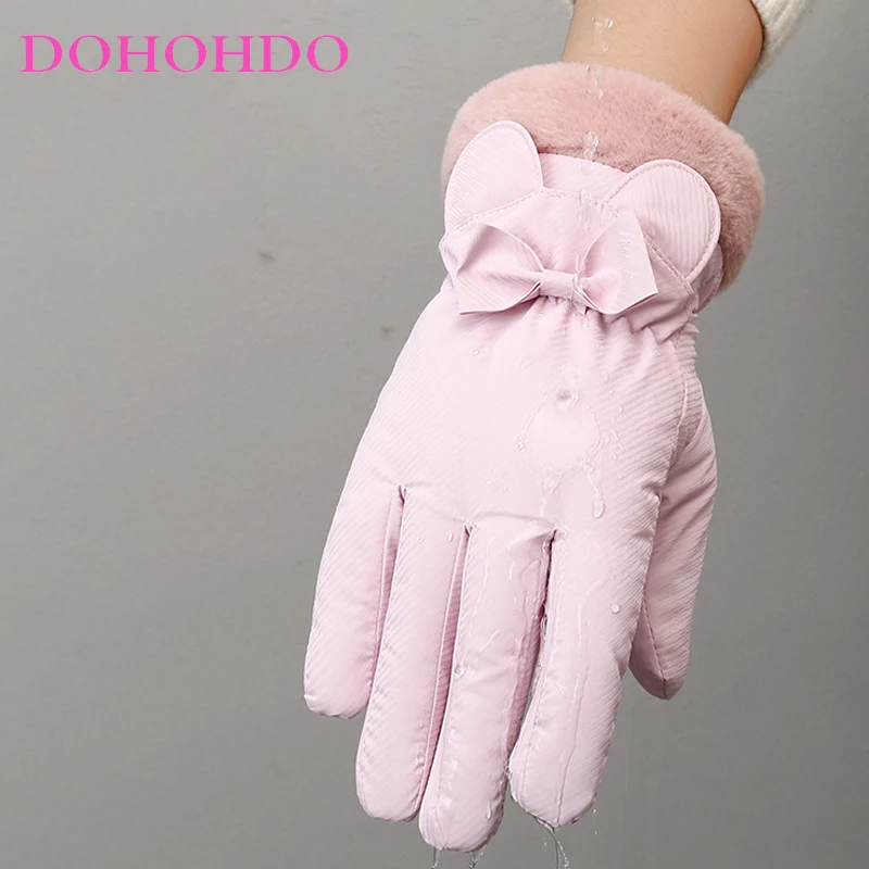 Velvet Bow Black Gloves Heating Touch-screen Gloves Women Warm Autumn Winter Stylish Riding Windproof Driving Motorcycle Gloves
