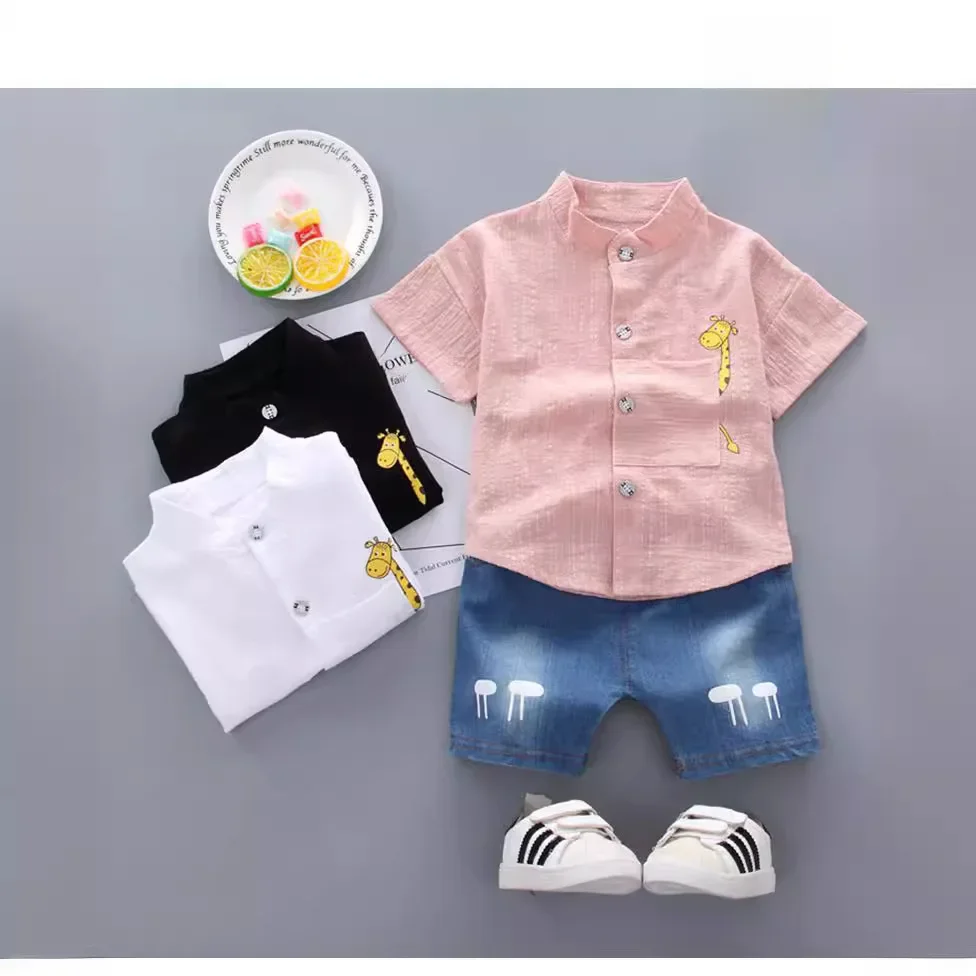 Boys' Shirt Short-sleeved Suit Summer New Style Small and Medium-sized Kidsren's Summer Handsome Shirt Summer Polo Shirt Two-...